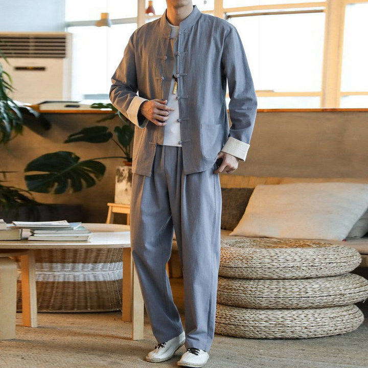 Ensemble 2 pièces de costume Zen Tang pour homme avec chemise à manches longues et pantalon à boutons de Buddha Stones et poches - Gris - US/UK/AU44，EU54 (5XL) - image 0