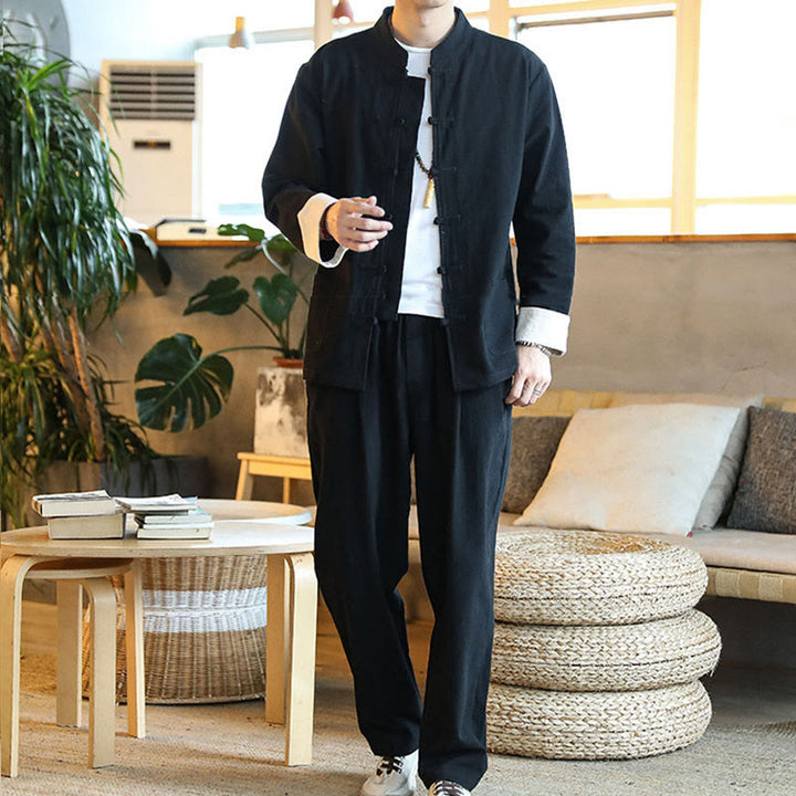 Ensemble 2 pièces de costume Zen Tang pour homme avec chemise à manches longues et pantalon à boutons de Buddha Stones et poches - image 16