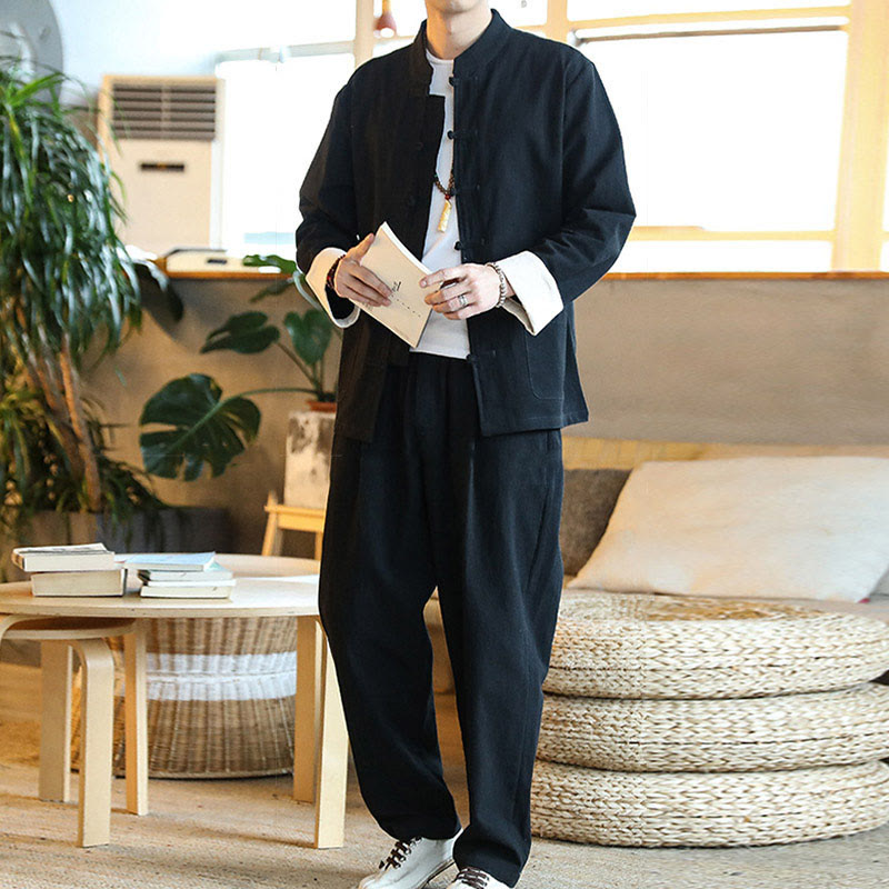 Ensemble 2 pièces de costume Zen Tang pour homme avec chemise à manches longues et pantalon à boutons de Buddha Stones et poches - image 21