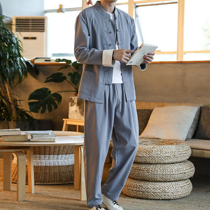 Ensemble 2 pièces de costume Zen Tang pour homme avec chemise à manches longues et pantalon à boutons de Buddha Stones et poches - image 8