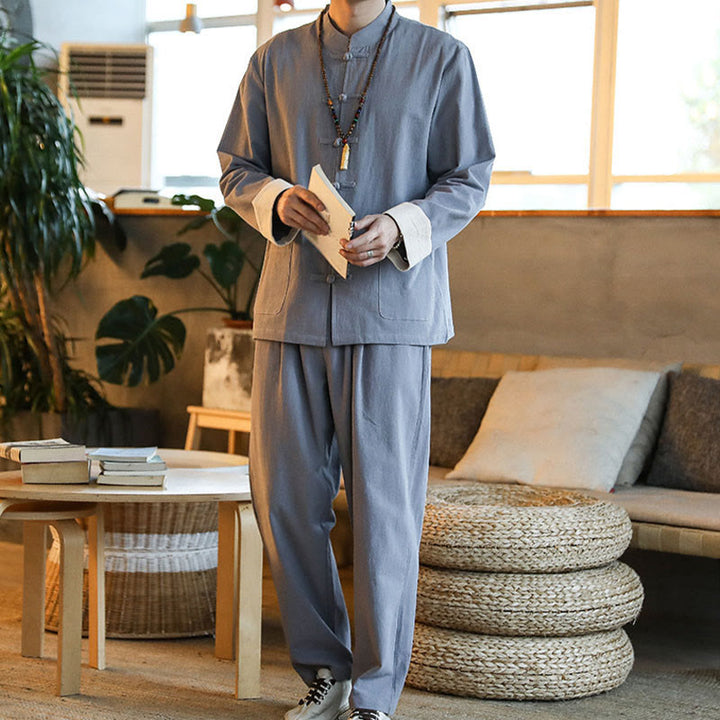 Ensemble 2 pièces de costume Zen Tang pour homme avec chemise à manches longues et pantalon à boutons de Buddha Stones et poches - image 6