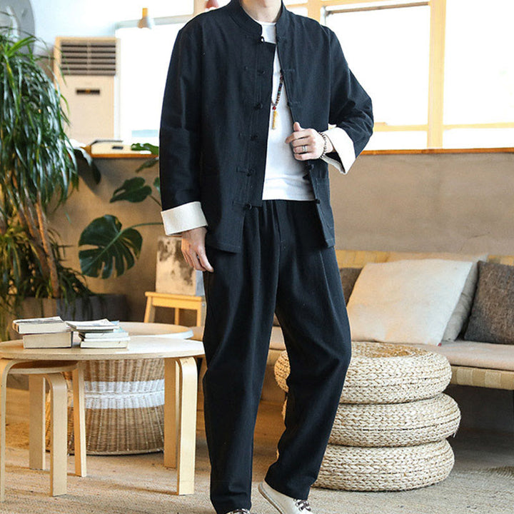 Ensemble 2 pièces de costume Zen Tang pour homme avec chemise à manches longues et pantalon à boutons de Buddha Stones et poches - image 18