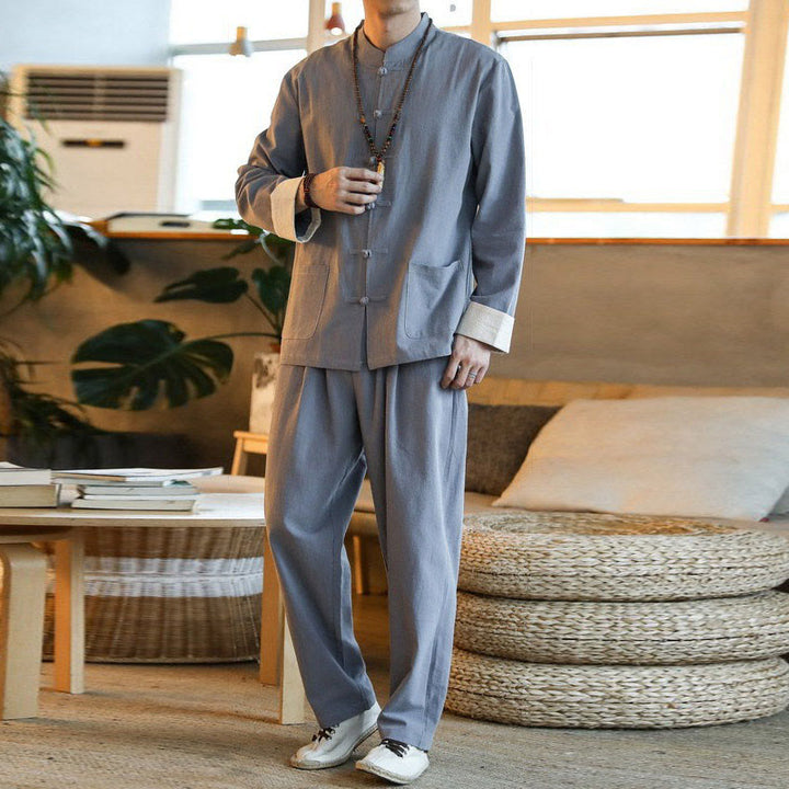 Ensemble 2 pièces de costume Zen Tang pour homme avec chemise à manches longues et pantalon à boutons de Buddha Stones et poches - image 5