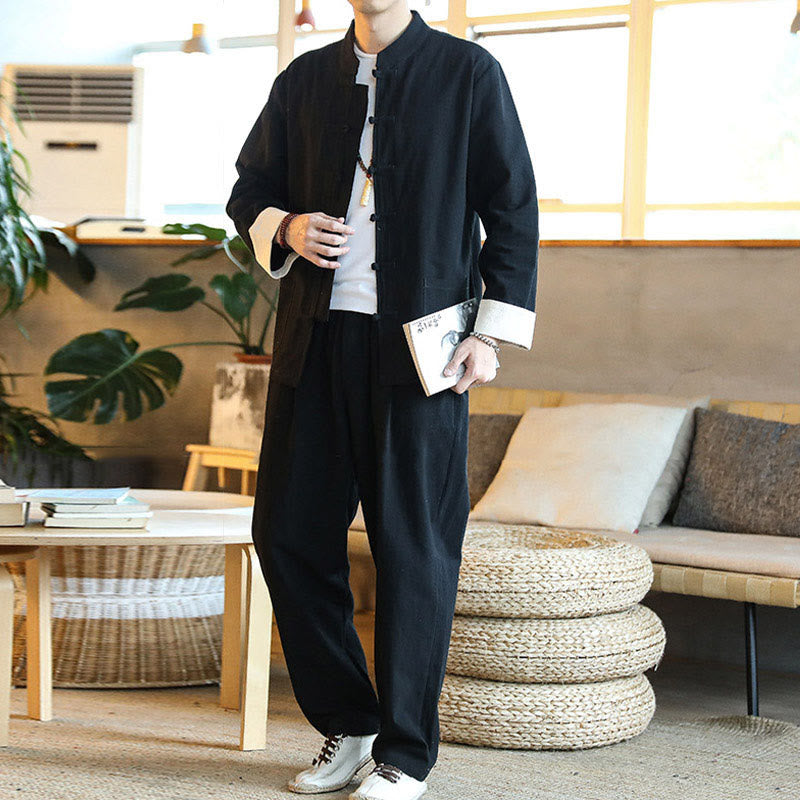 Ensemble 2 pièces de costume Zen Tang pour homme avec chemise à manches longues et pantalon à boutons de Buddha Stones et poches - image 20