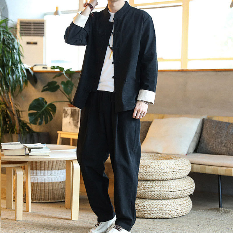 Ensemble 2 pièces de costume Zen Tang pour homme avec chemise à manches longues et pantalon à boutons de Buddha Stones et poches - image 17