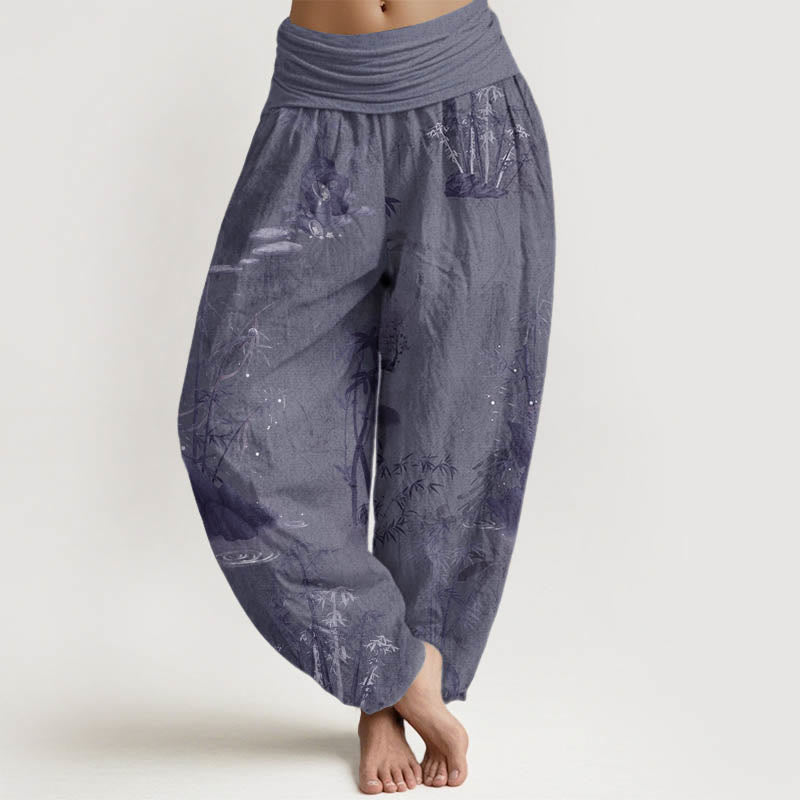 Pantalon sarouel décontracté en pur coton avec Buddha Stones et encre de roche de bambou pour femme, taille élastique - Gris ardoise - US22，UK/AU26，EU54 (6XL) - image 1