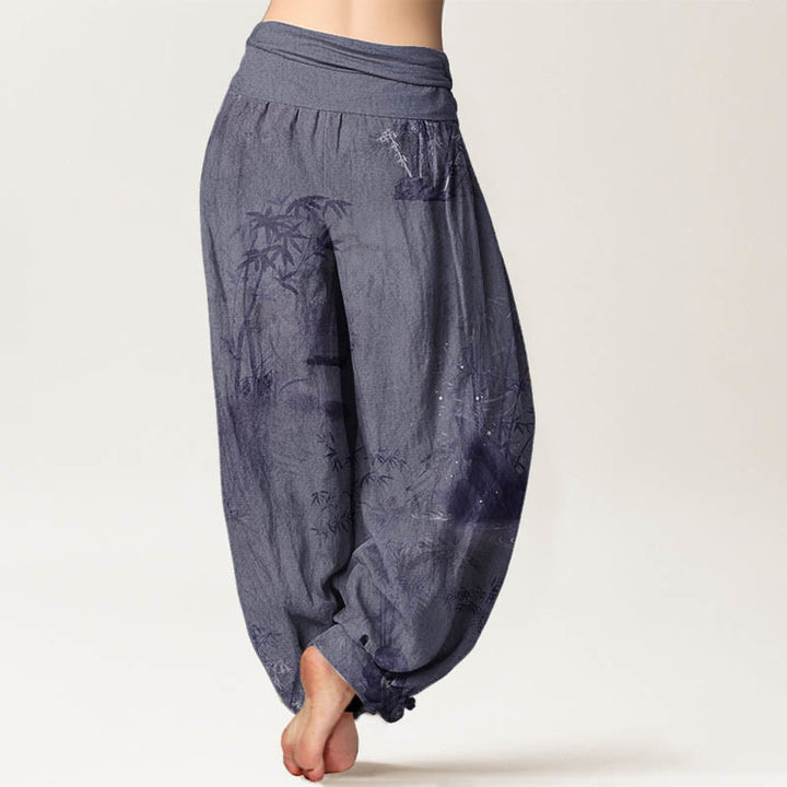 Pantalon sarouel décontracté en pur coton avec Buddha Stones et encre de roche de bambou pour femme, taille élastique - image 3