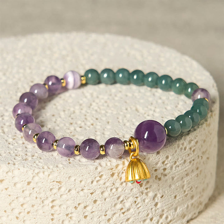 Bracelet d'équilibre en jade, améthyste et lotus naturel Buddha Stones - Améthyste (tour de poignet : 14-16 cm) - image 1