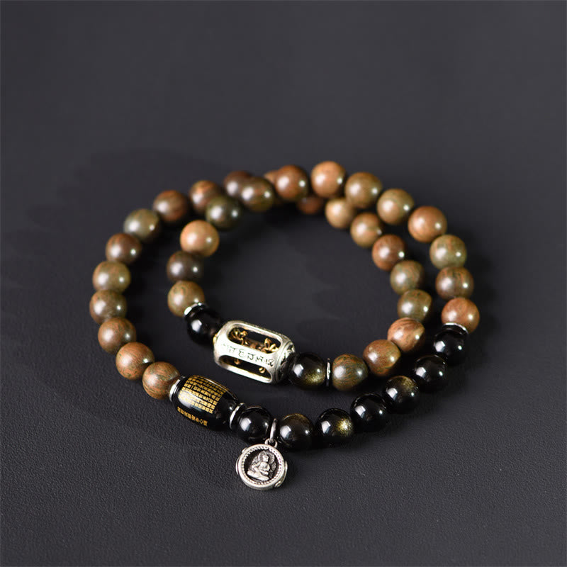 Bracelet double tour en obsidienne , Buddha Stones, bois de santal vert tibétain, reflets dorés, équilibre et paix - image 4