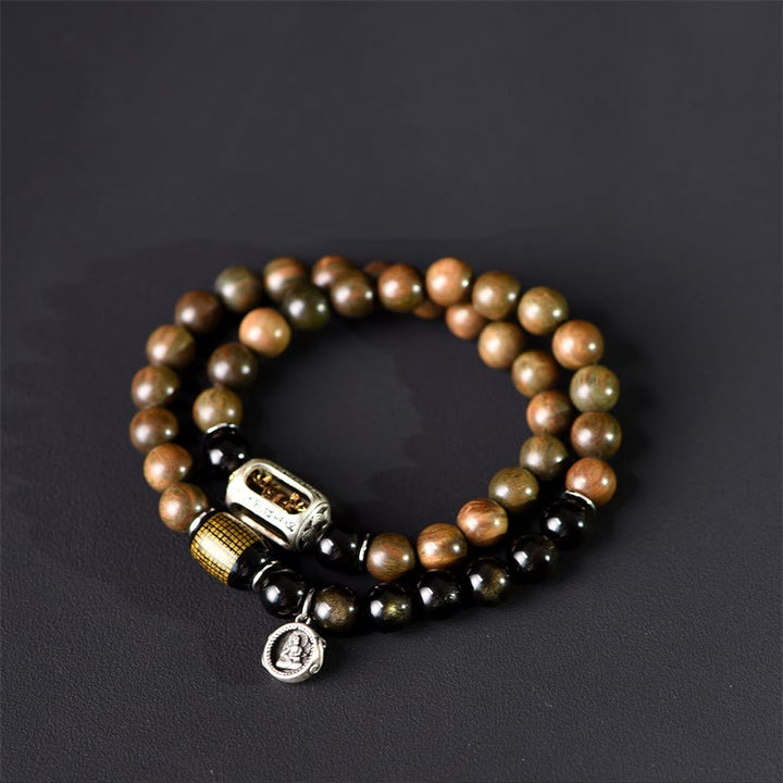 Bracelet double tour en obsidienne , Buddha Stones, bois de santal vert tibétain, reflets dorés, équilibre et paix - image 15