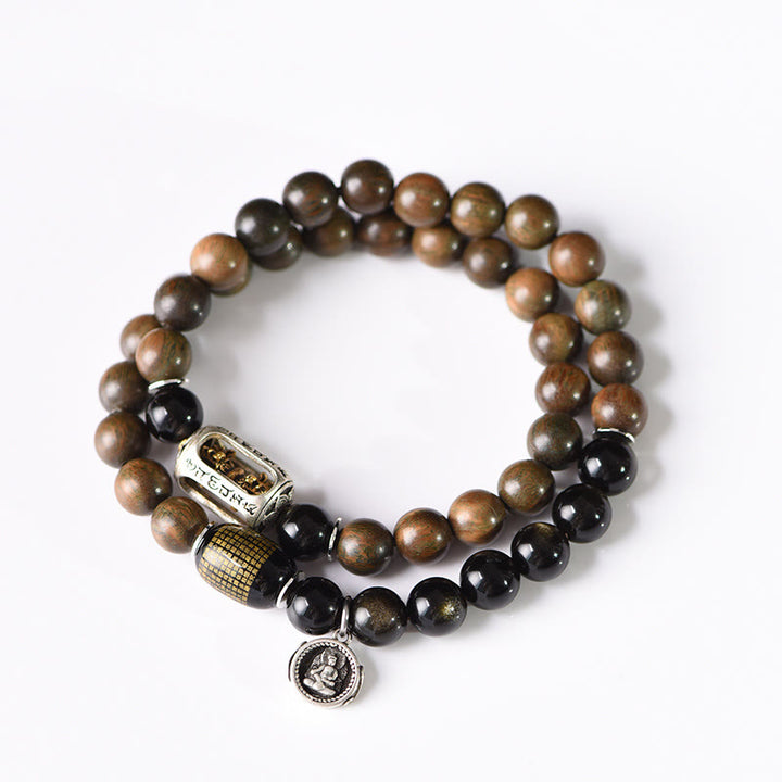Bracelet double tour en obsidienne , Buddha Stones, bois de santal vert tibétain, reflets dorés, équilibre et paix - image 16