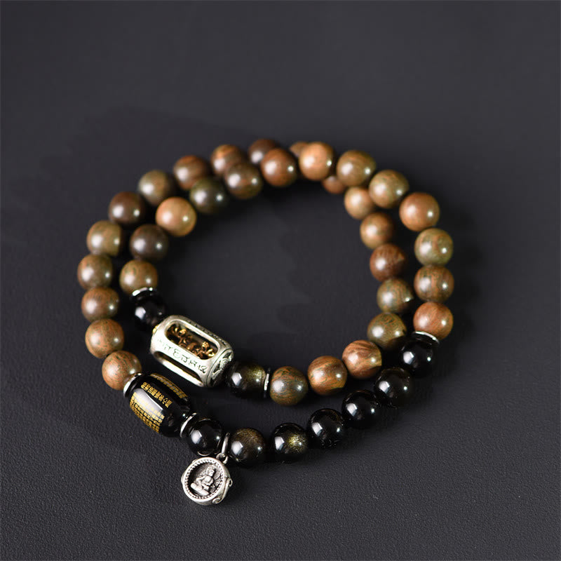 Bracelet double tour en obsidienne , Buddha Stones, bois de santal vert tibétain, reflets dorés, équilibre et paix - 18-19 cm - image 1