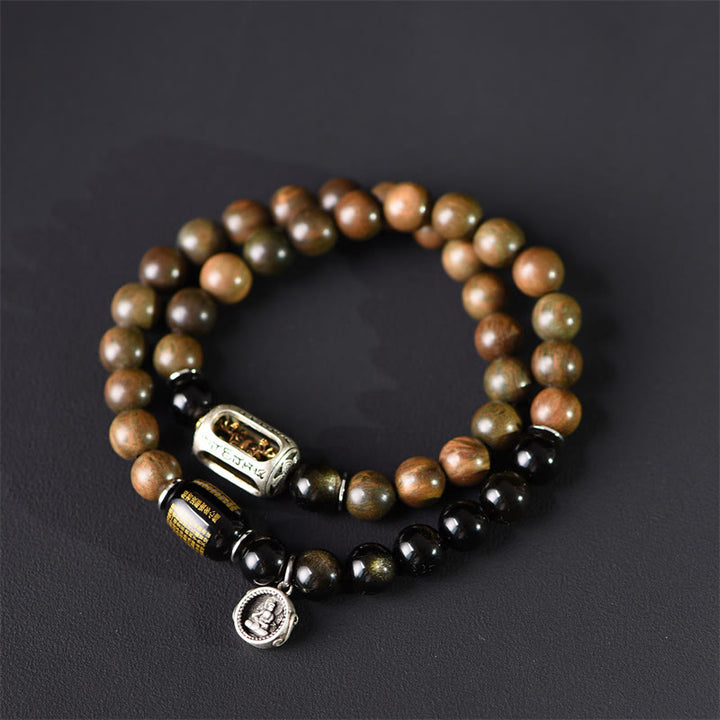 Bracelet double tour en obsidienne , Buddha Stones, bois de santal vert tibétain, reflets dorés, équilibre et paix - 18-19 cm - image 1
