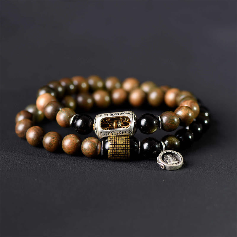 Bracelet double tour en obsidienne , Buddha Stones, bois de santal vert tibétain, reflets dorés, équilibre et paix - image 3