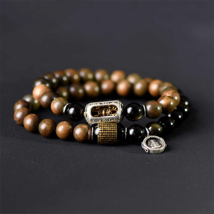 Bracelet double tour en obsidienne , Buddha Stones, bois de santal vert tibétain, reflets dorés, équilibre et paix - image 3