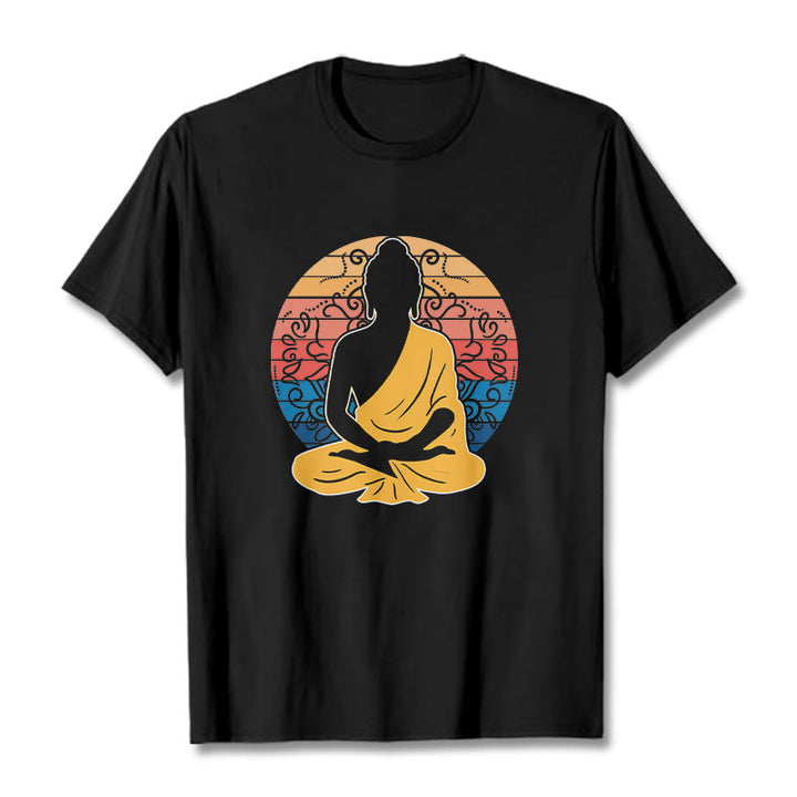 T-shirt décontracté en coton à motif Bouddha méditant coloré avec Buddha Stones de Bouddha - Noir - 2XL - image 1
