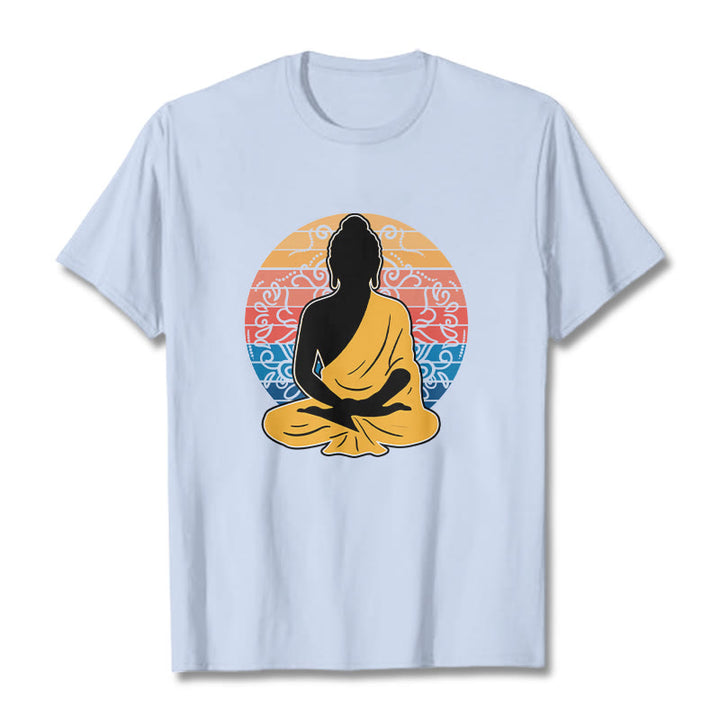 T-shirt décontracté en coton à motif Bouddha méditant coloré avec Buddha Stones de Bouddha - Cyan clair - 2XL - image 19