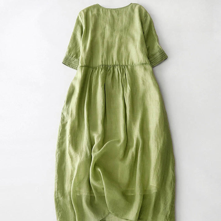 Robe midi décontractée en coton à Buddha Stones accordéon et col en V, manches courtes et poches - image 13