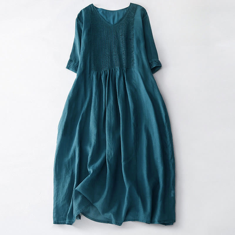 Robe midi décontractée en coton à Buddha Stones accordéon et col en V, manches courtes et poches - Bleu acier - US14，UK/AU18，EU46 (2XL) - image 37