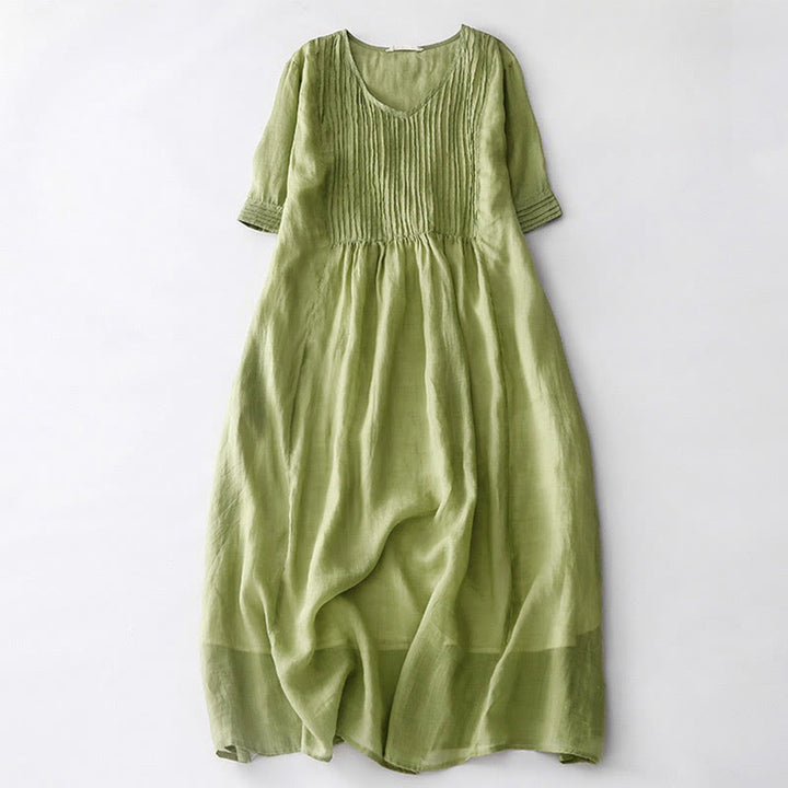 Robe midi unie à manches courtes, col en V et plis accordéon, style décontracté, avec poches , Buddha Stones - image 9