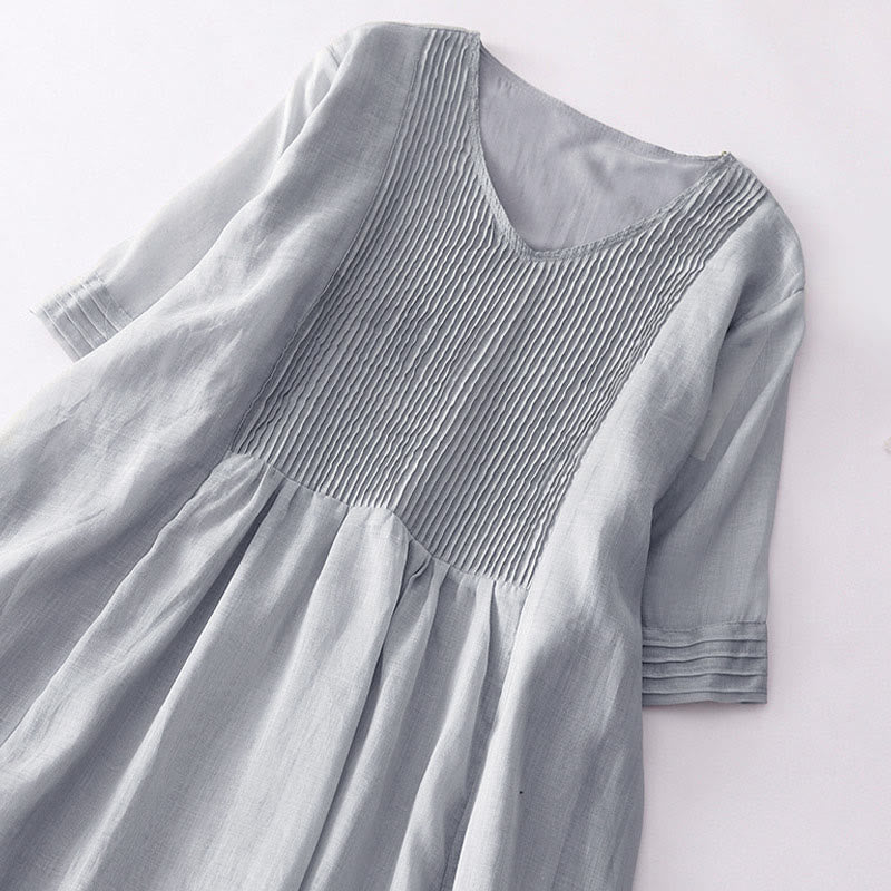 Robe midi unie à manches courtes, col en V et plis accordéon, style décontracté, avec poches , Buddha Stones - image 20