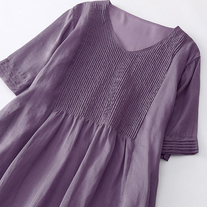 Robe midi unie à manches courtes, col en V et plis accordéon, style décontracté, avec poches , Buddha Stones - image 3