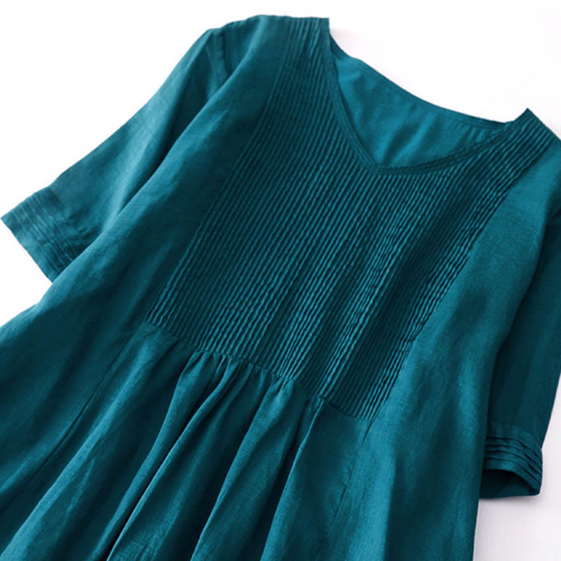 Robe midi unie à manches courtes, col en V et plis accordéon, style décontracté, avec poches , Buddha Stones - image 35