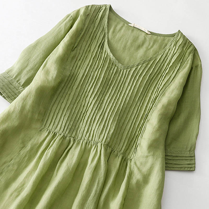 Robe midi unie à manches courtes, col en V et plis accordéon, style décontracté, avec poches , Buddha Stones - image 12