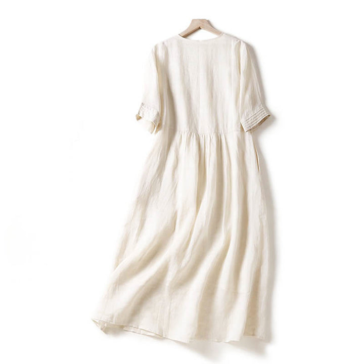 Robe midi décontractée en coton à Buddha Stones accordéon et col en V, manches courtes et poches - image 31