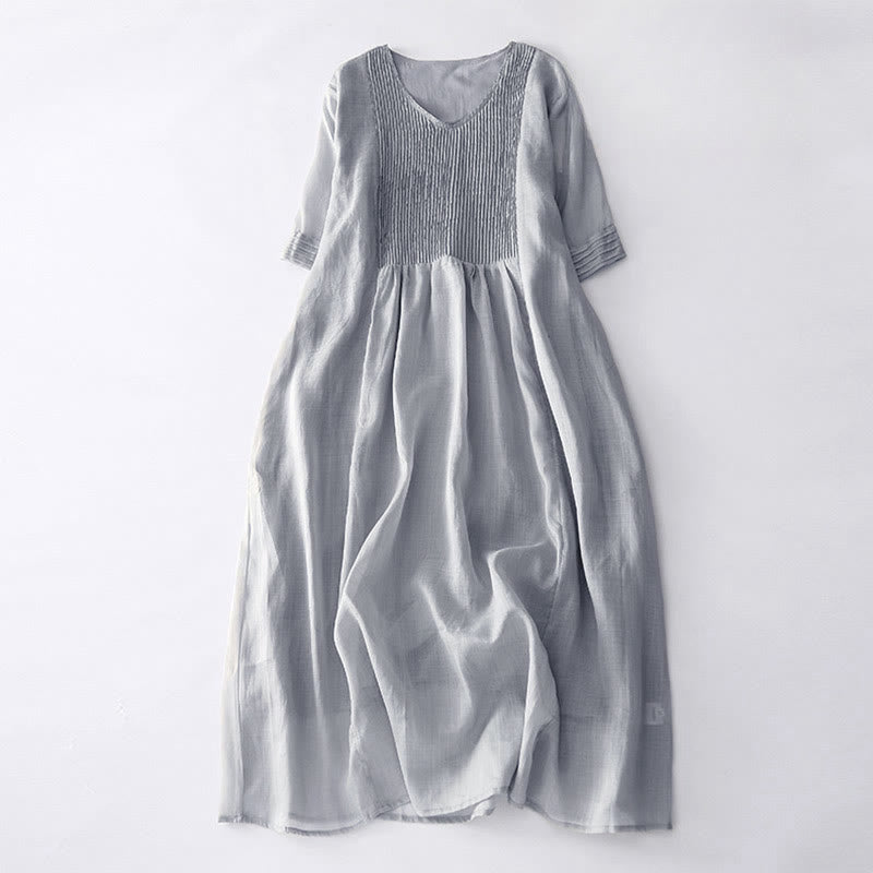Robe midi décontractée en coton à Buddha Stones accordéon et col en V, manches courtes et poches - Argent - US14，UK/AU18，EU46 (2XL) - image 22