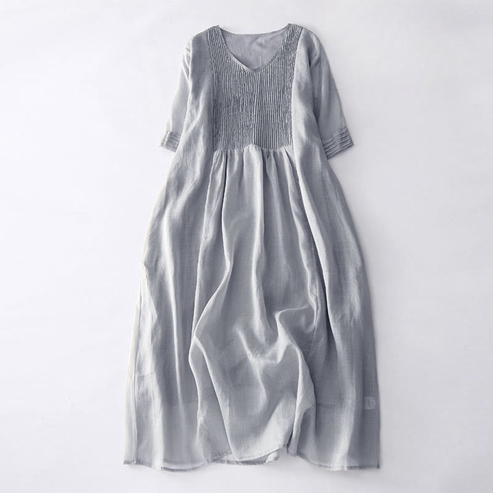 Robe midi décontractée en coton à Buddha Stones accordéon et col en V, manches courtes et poches - Argent - US14，UK/AU18，EU46 (2XL) - image 22
