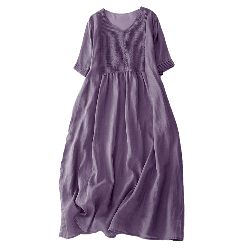 Robe midi décontractée en coton à Buddha Stones accordéon et col en V, manches courtes et poches - image 6