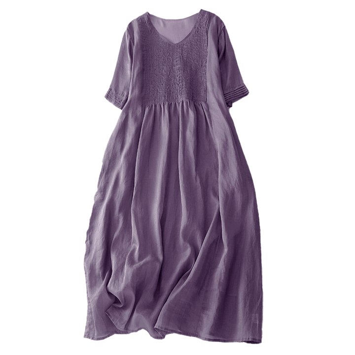 Robe midi décontractée en coton à Buddha Stones accordéon et col en V, manches courtes et poches - image 6