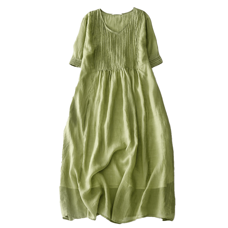 Robe midi décontractée en coton à Buddha Stones accordéon et col en V, manches courtes et poches - image 14
