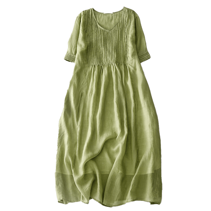 Robe midi décontractée en coton à Buddha Stones accordéon et col en V, manches courtes et poches - image 14