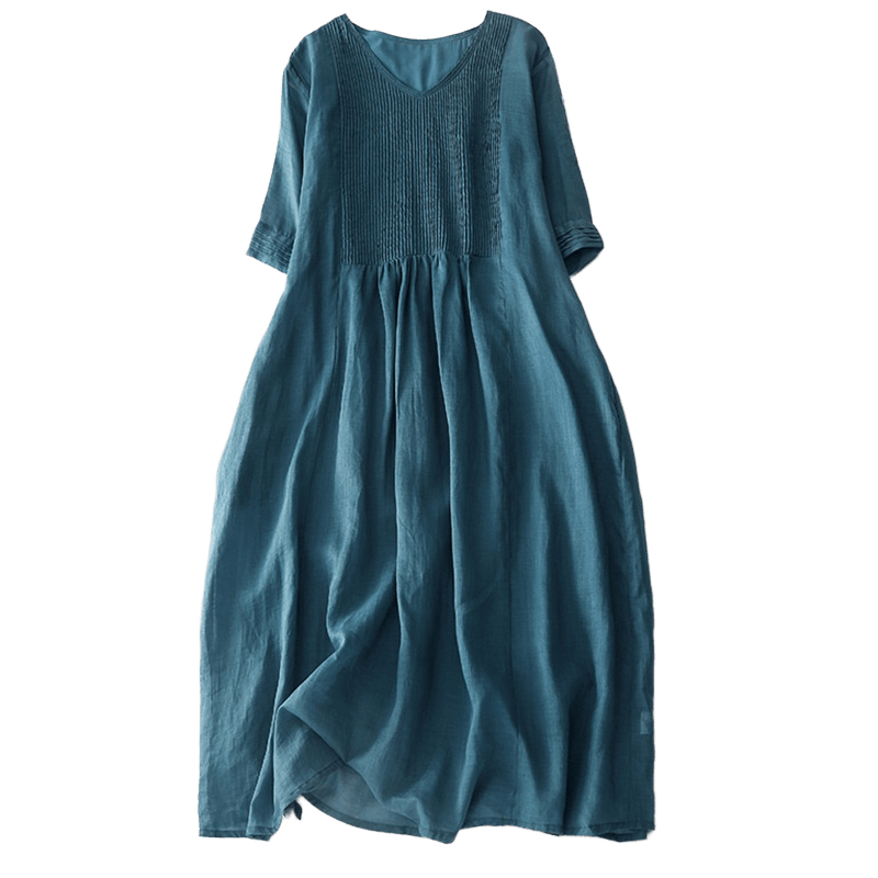 Robe midi décontractée en coton à Buddha Stones accordéon et col en V, manches courtes et poches - image 38