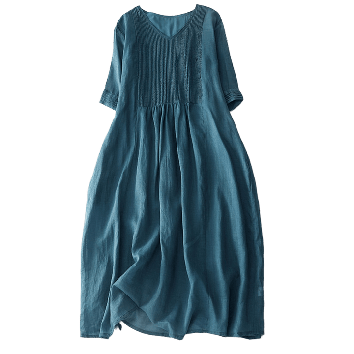 Robe midi décontractée en coton à Buddha Stones accordéon et col en V, manches courtes et poches - image 38