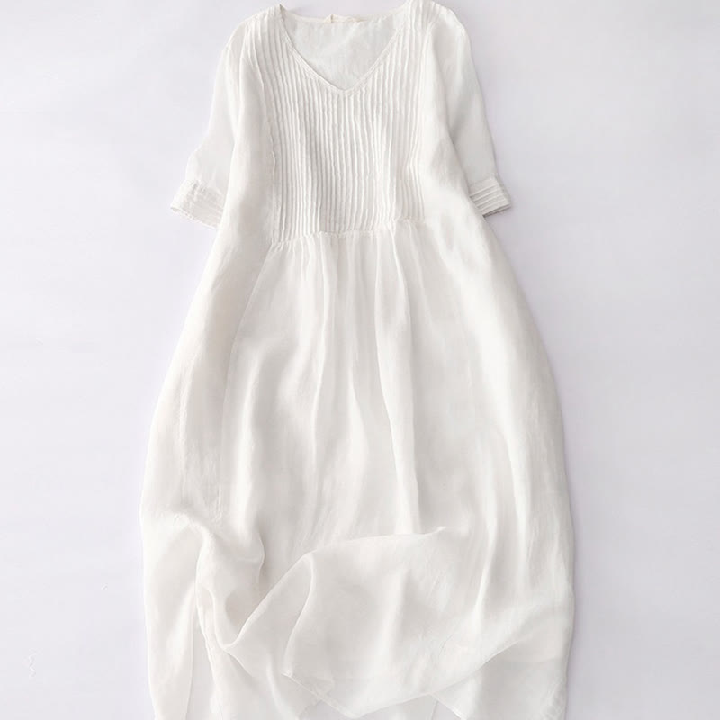 Robe midi décontractée en coton à Buddha Stones accordéon et col en V, manches courtes et poches - Neige - US14，UK/AU18，EU46 (2XL) - image 45