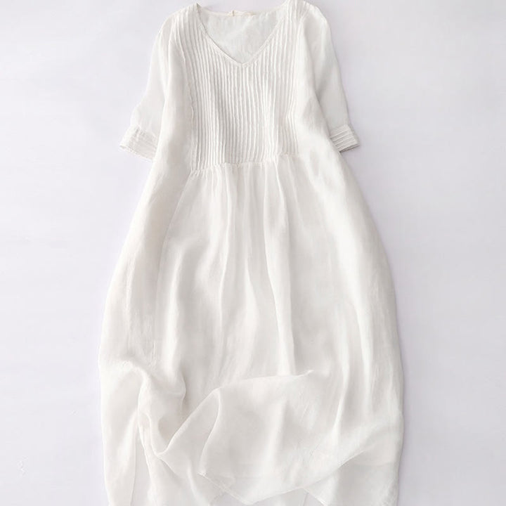 Robe midi décontractée en coton à Buddha Stones accordéon et col en V, manches courtes et poches - Neige - US14，UK/AU18，EU46 (2XL) - image 45