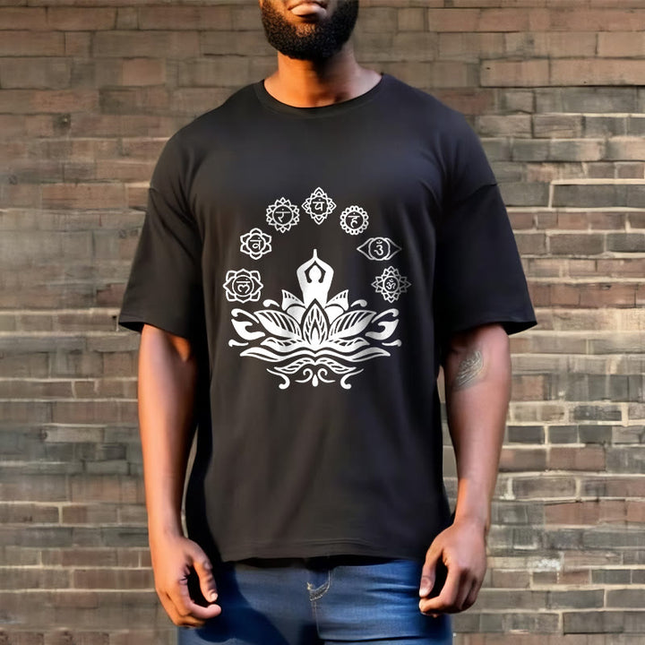 T-shirt décontracté en coton avec motif Buddha Stones et fleurs de lotus, méditation et sept chakras - image 6