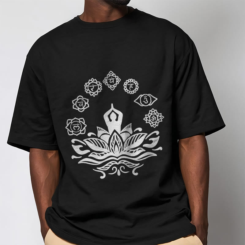 T-shirt décontracté en coton avec motif Buddha Stones et fleurs de lotus, méditation et sept chakras - image 5
