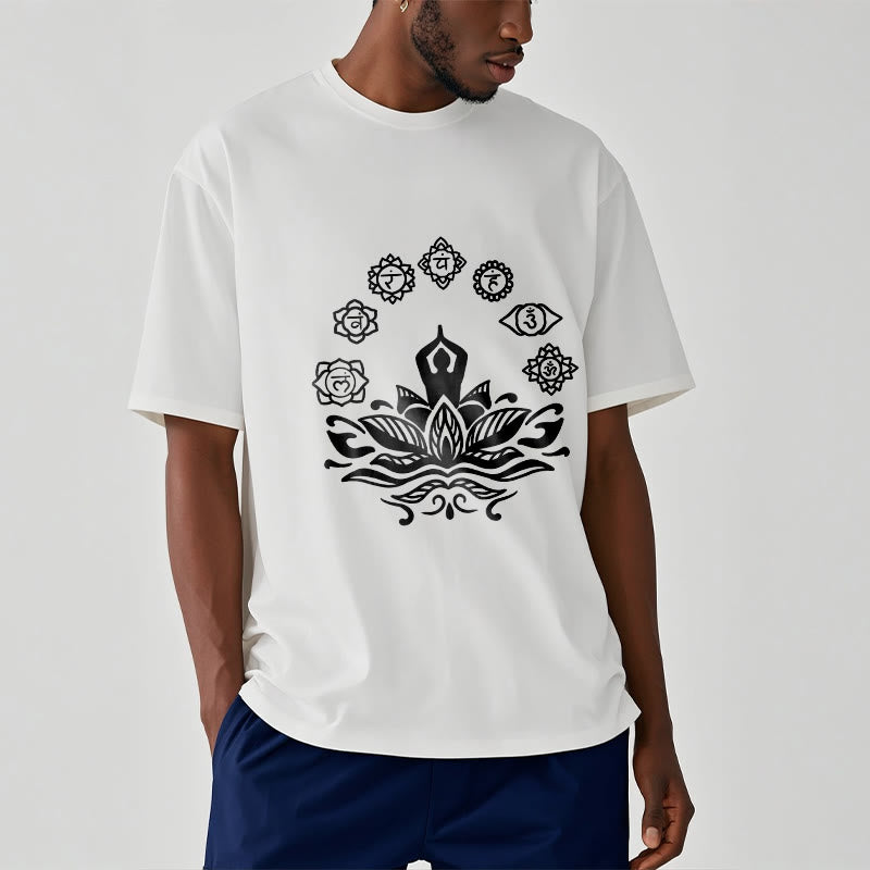 T-shirt décontracté en coton avec motif Buddha Stones et fleurs de lotus, méditation et sept chakras - image 9