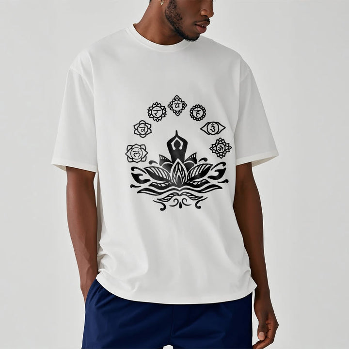 T-shirt décontracté en coton avec motif Buddha Stones et fleurs de lotus, méditation et sept chakras - image 9