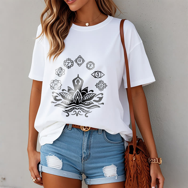 T-shirt décontracté en coton avec motif Buddha Stones et fleurs de lotus, méditation et sept chakras - image 10