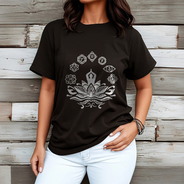 T-shirt décontracté en coton avec motif Buddha Stones et fleurs de lotus, méditation et sept chakras - image 7