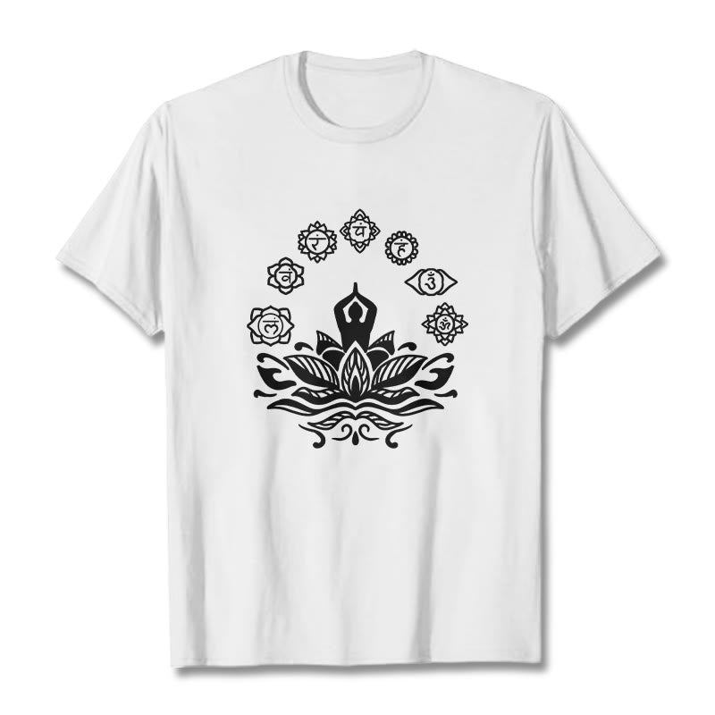 T-shirt décontracté en coton avec motif Buddha Stones et fleurs de lotus, méditation et sept chakras - Blanc - 2XL - image 8