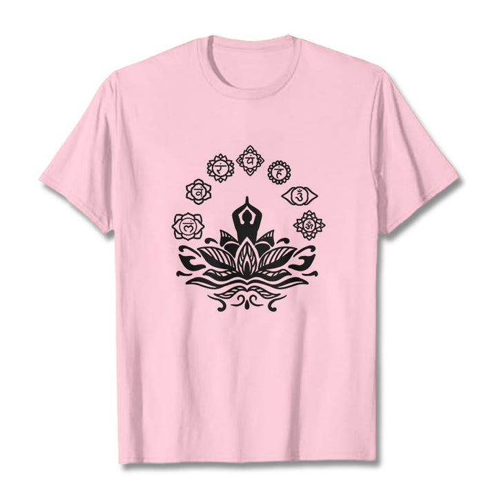 T-shirt décontracté en coton avec motif Buddha Stones et fleurs de lotus, méditation et sept chakras - Rose clair - 2XL - image 13