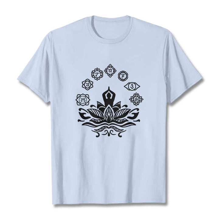 T-shirt décontracté en coton avec motif Buddha Stones et fleurs de lotus, méditation et sept chakras - Cyan clair - 2XL - image 19
