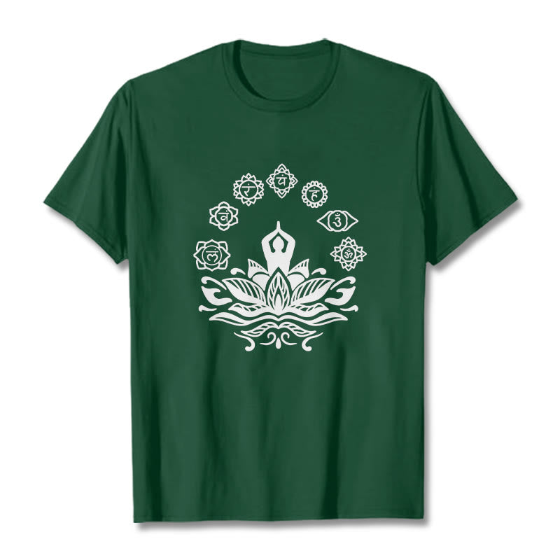 T-shirt décontracté en coton avec motif Buddha Stones et fleurs de lotus, méditation et sept chakras - Forêt Verte - 2XL - image 1
