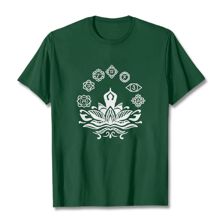 T-shirt décontracté en coton avec motif Buddha Stones et fleurs de lotus, méditation et sept chakras - Forêt Verte - 2XL - image 1